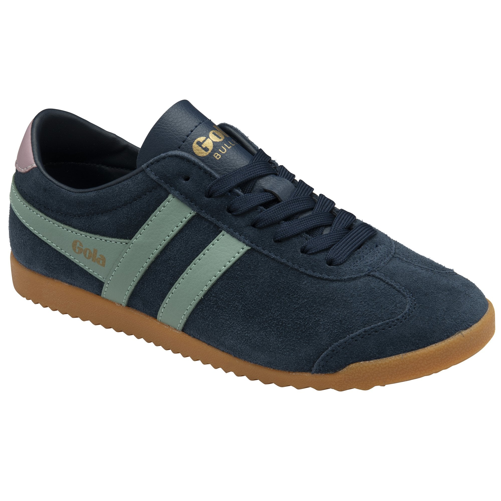 A Gola Bullet Trainer in navy suede, light green stripes, pink heel, and gum sole.