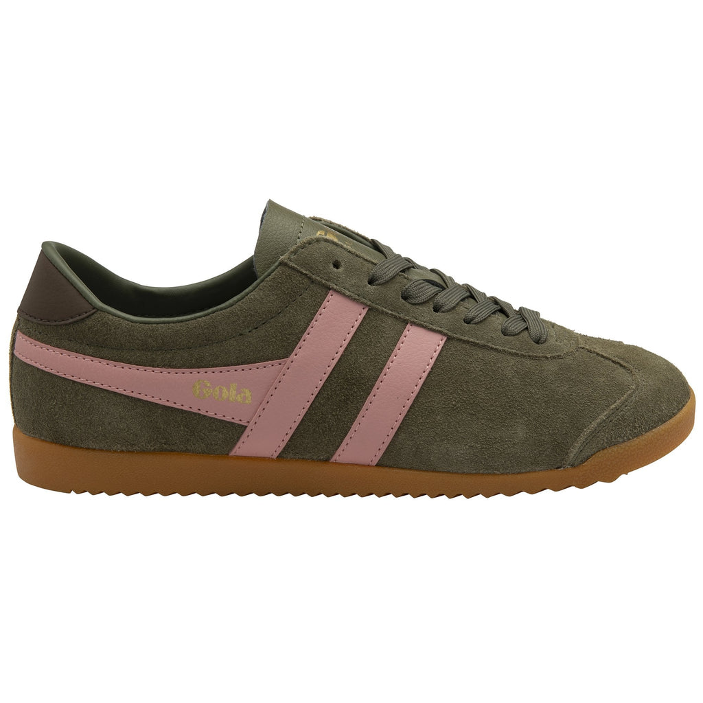 A single Gola Bullet Trainer in olive green with pink stripes, side view.