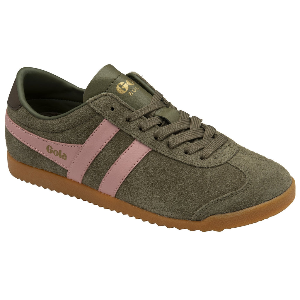 An olive green Gola Bullet Trainer with pink stripes and a brown sole, angled view.