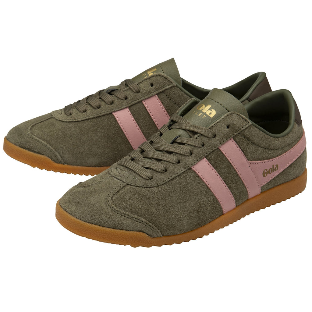 A pair of olive green Gola Bullet Trainers with pink stripes and brown soles.