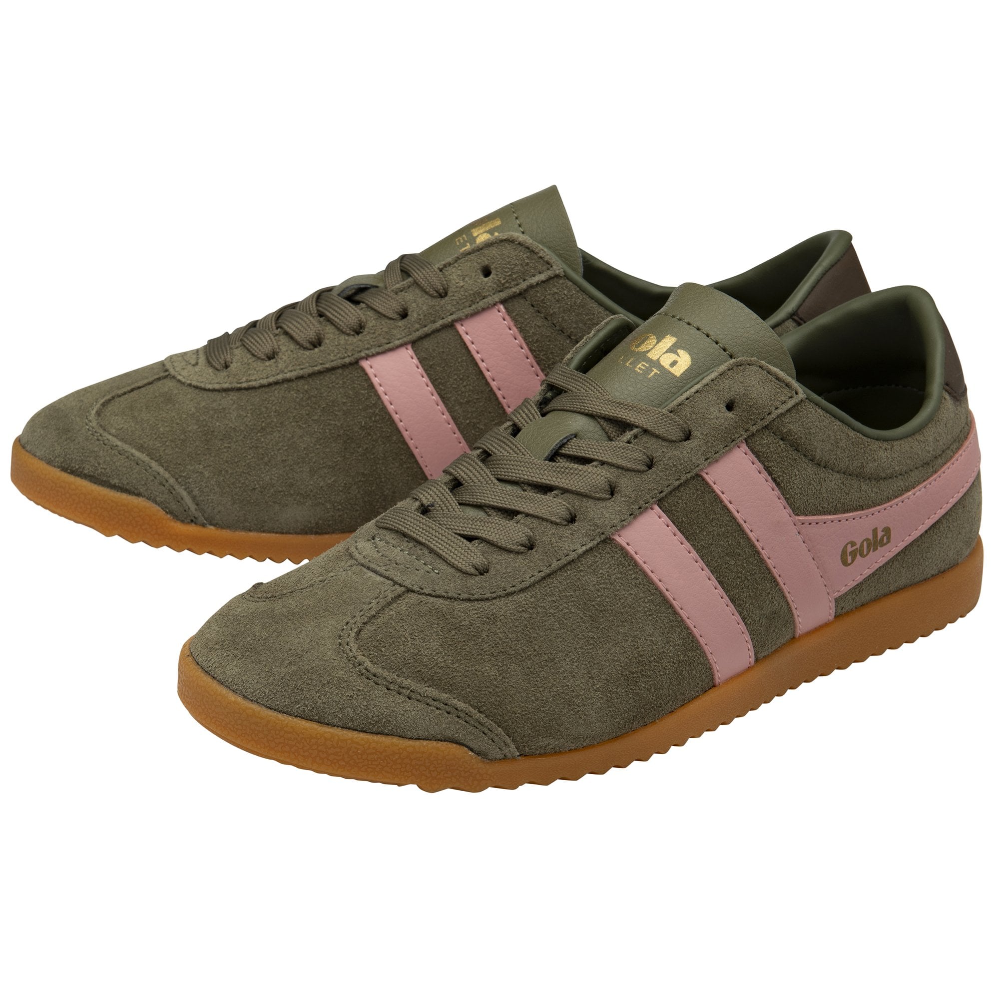 A pair of olive green Gola Bullet Trainers with pink stripes and brown soles.