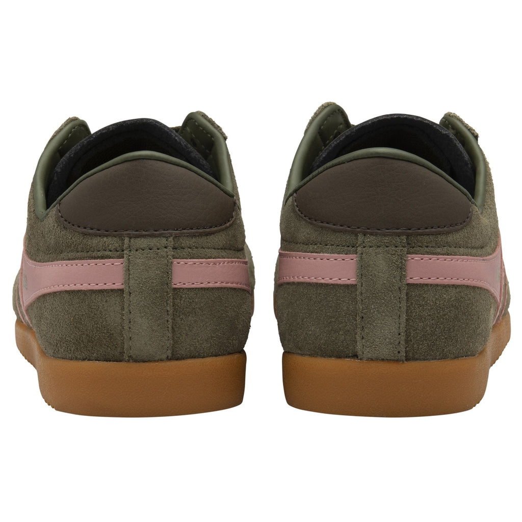 Rear view of a pair of Gola Bullet Trainers in olive green with pink stripes.