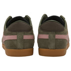 Rear view of a pair of Gola Bullet Trainers in olive green with pink stripes.