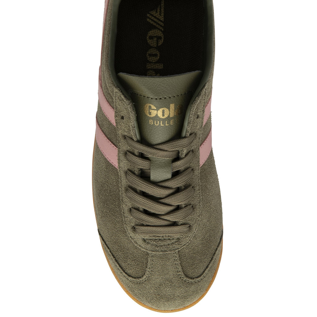 Top down view of an olive green Gola Bullet Trainer with pink stripes and laces.