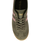 Top down view of an olive green Gola Bullet Trainer with pink stripes and laces.