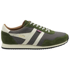A single men's Gola Trainer in green and grey with white laces, viewed from the side.