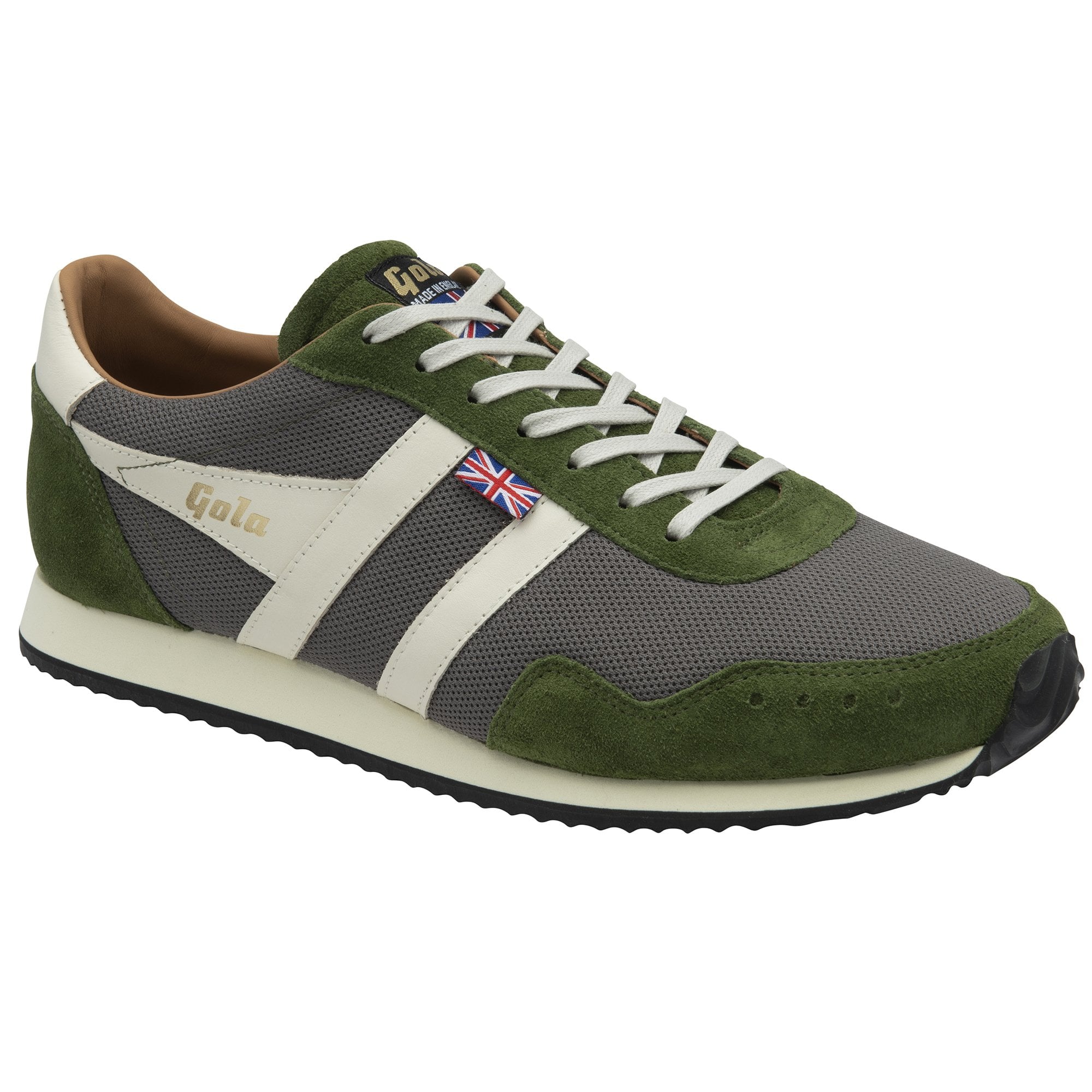 A single men's Gola Trainer in green and grey with white laces, viewed from the side.
