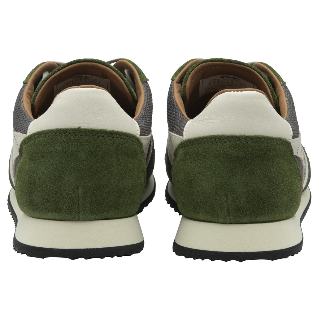 A pair of men's Gola Trainers in green and grey, viewed from behind.