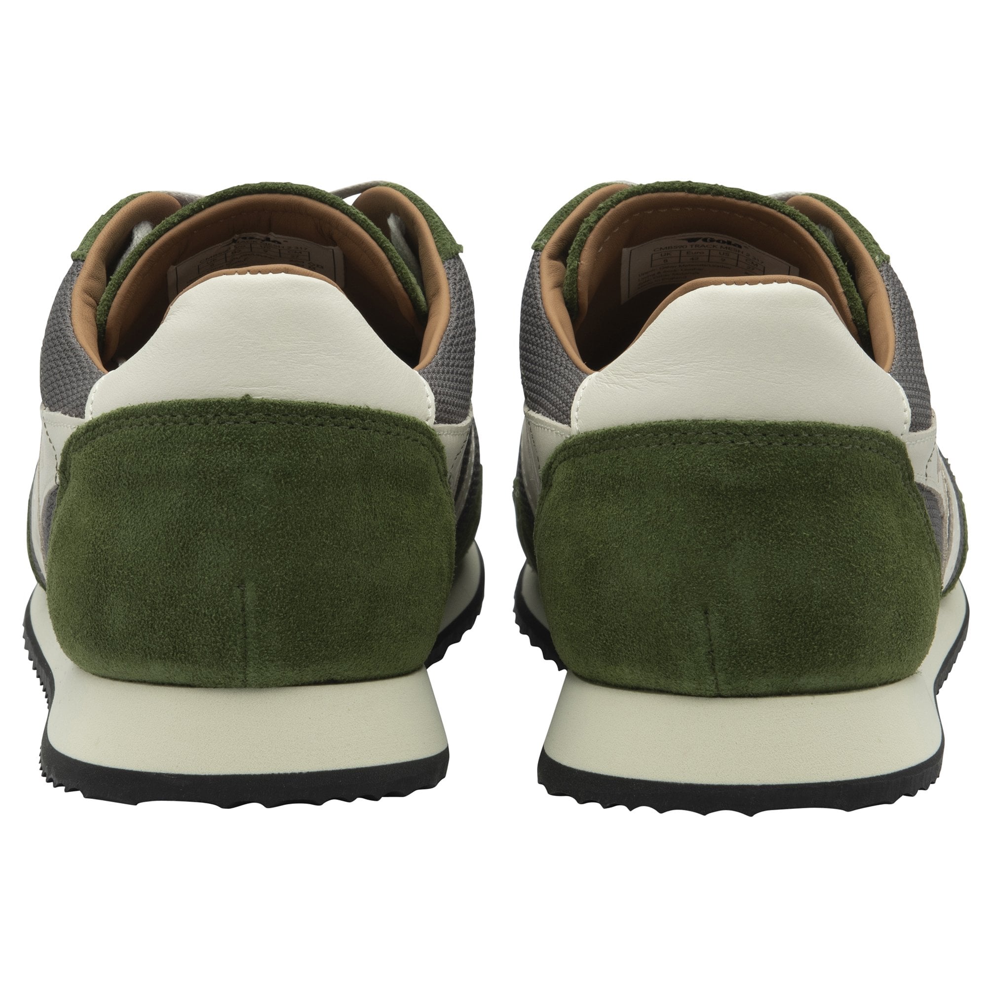 A pair of men's Gola Trainers in green and grey, viewed from behind.