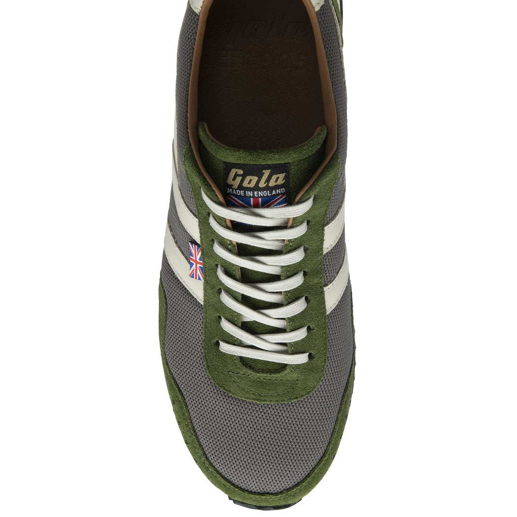 A single men's Gola Trainer in green and grey with white laces, viewed from above.