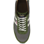 A single men's Gola Trainer in green and grey with white laces, viewed from above.