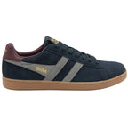 A single Gola men's Trainer side profile in navy with grey stripes and a brown sole.