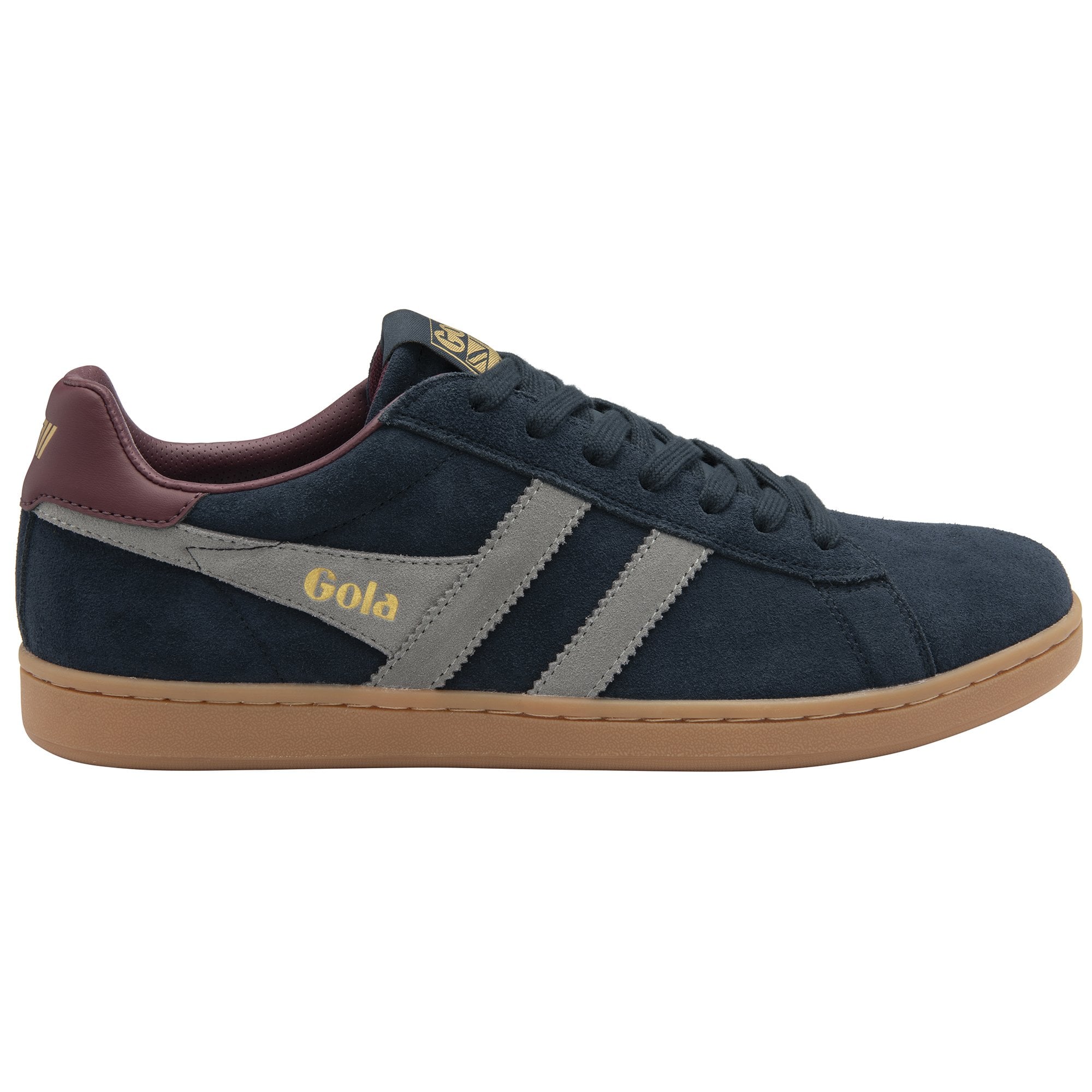 A single Gola men's Trainer side profile in navy with grey stripes and a brown sole.