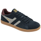 A right Gola men's Trainer at an angle in navy with grey stripes and a brown sole.