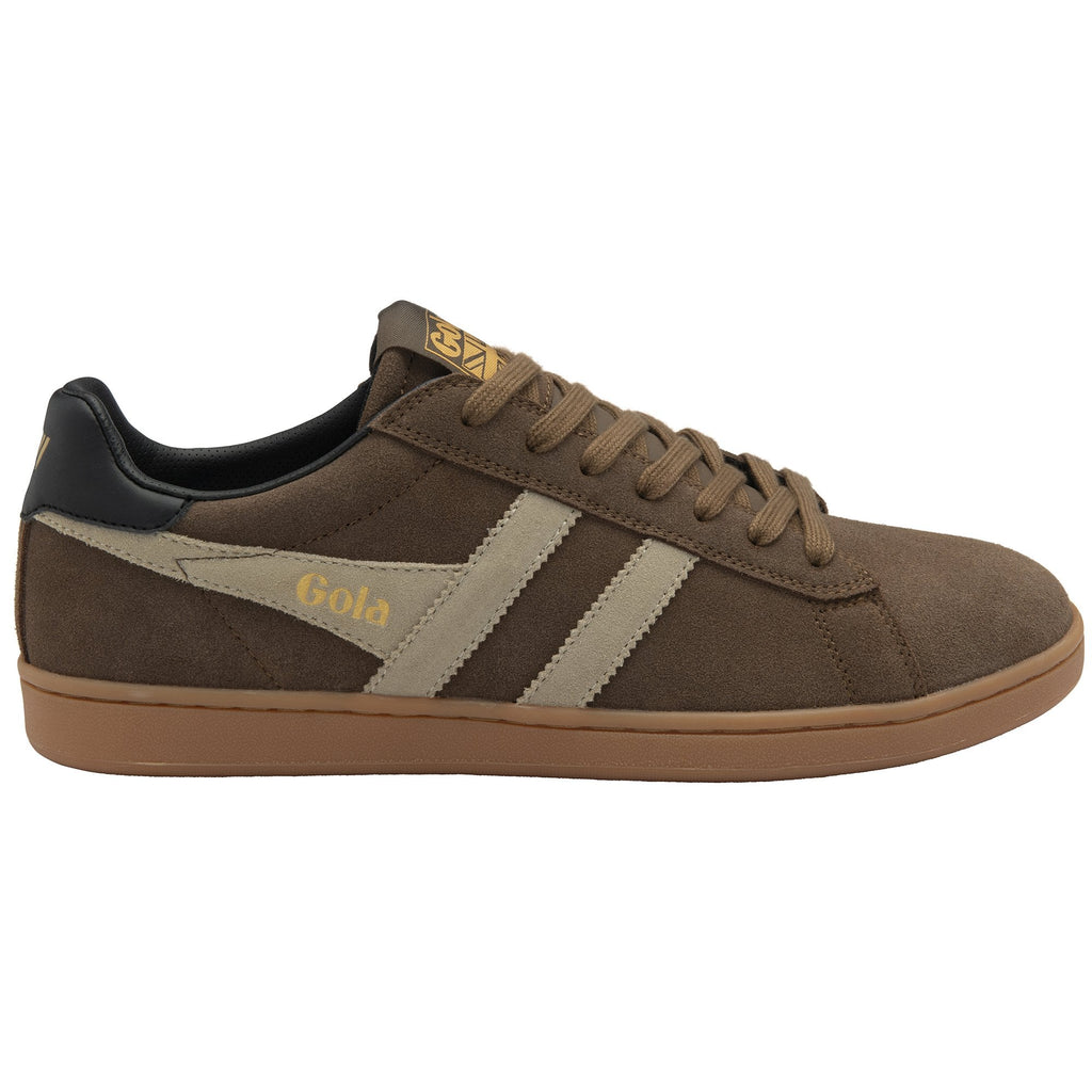 Right side view of a brown suede Gola men's sneaker with cream stripes and a brown sole.