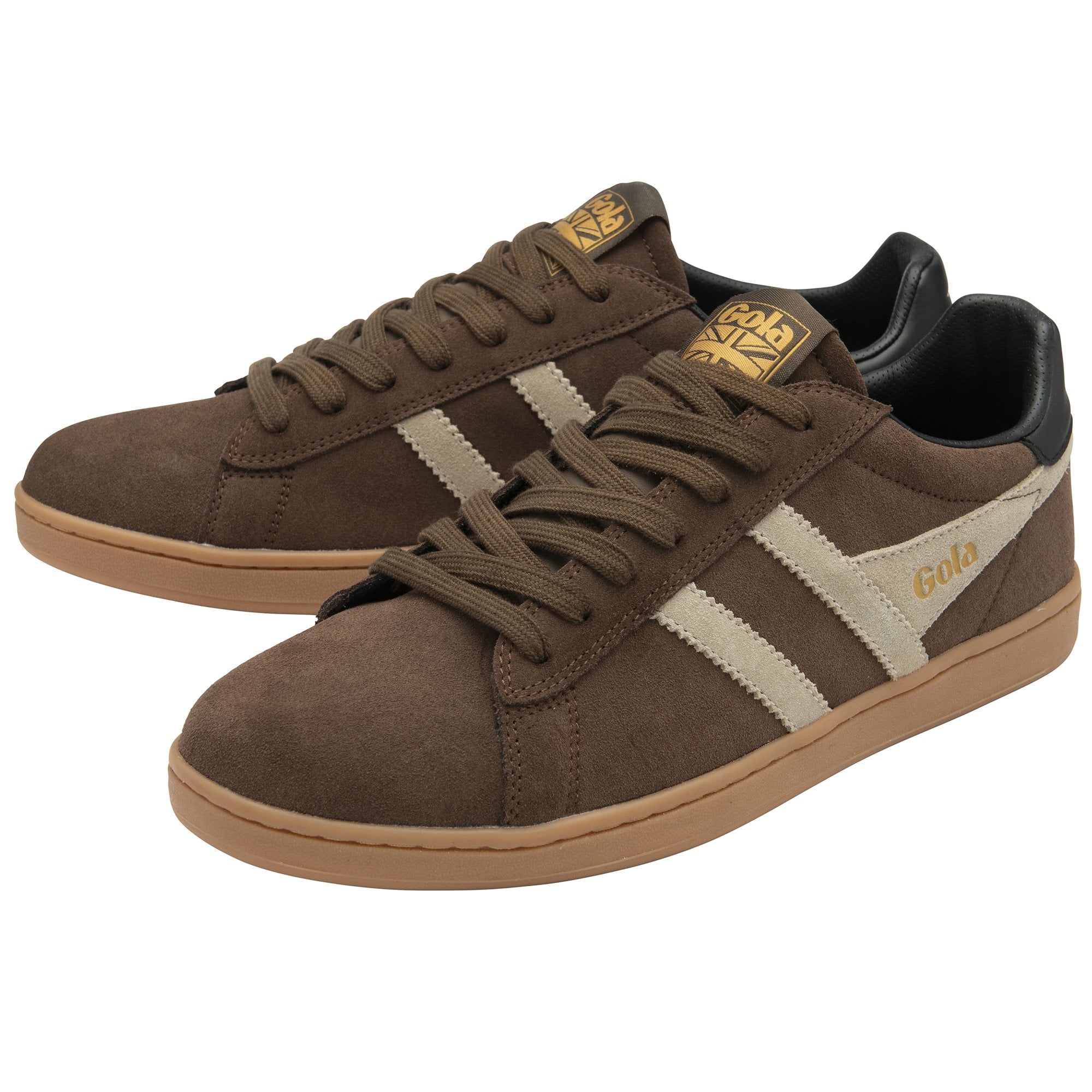Pair of brown suede Gola men's sneakers with cream stripes and brown soles.
