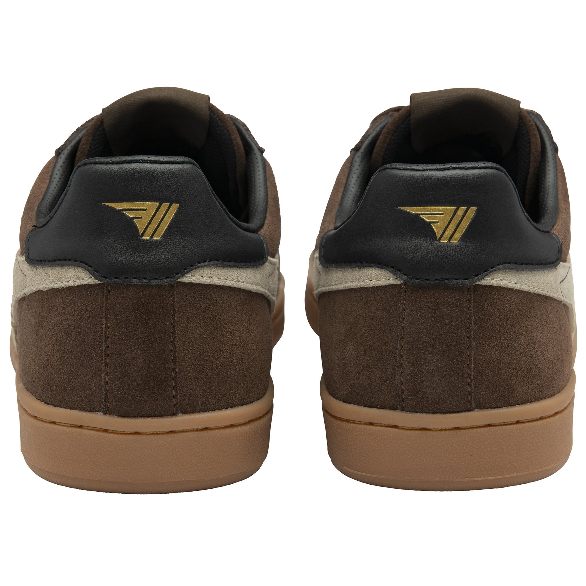 Back view of a pair of brown suede Gola men's sneakers showing heel logos.