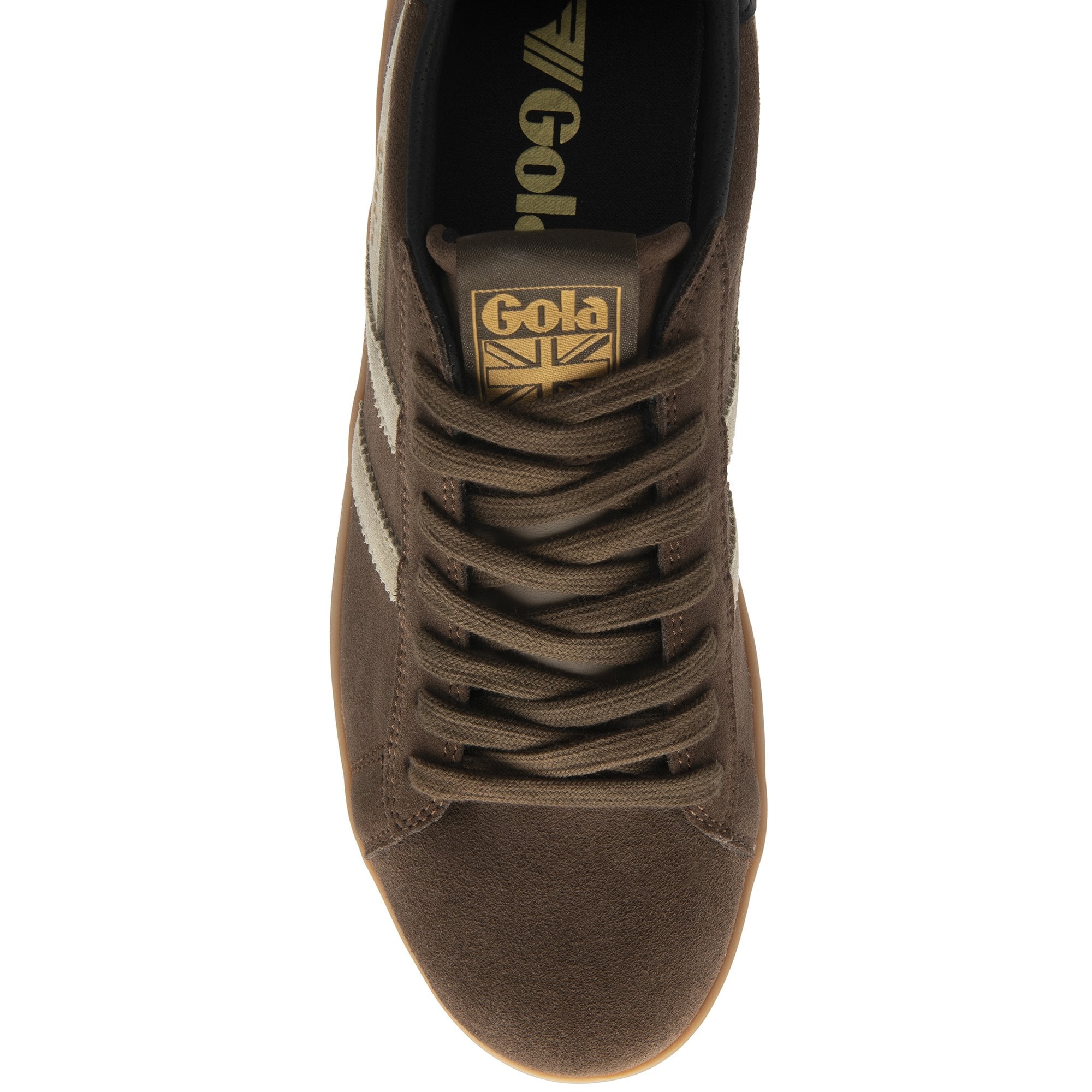 Top down view of a brown suede Gola men's sneaker, highlighting the laces and tongue.