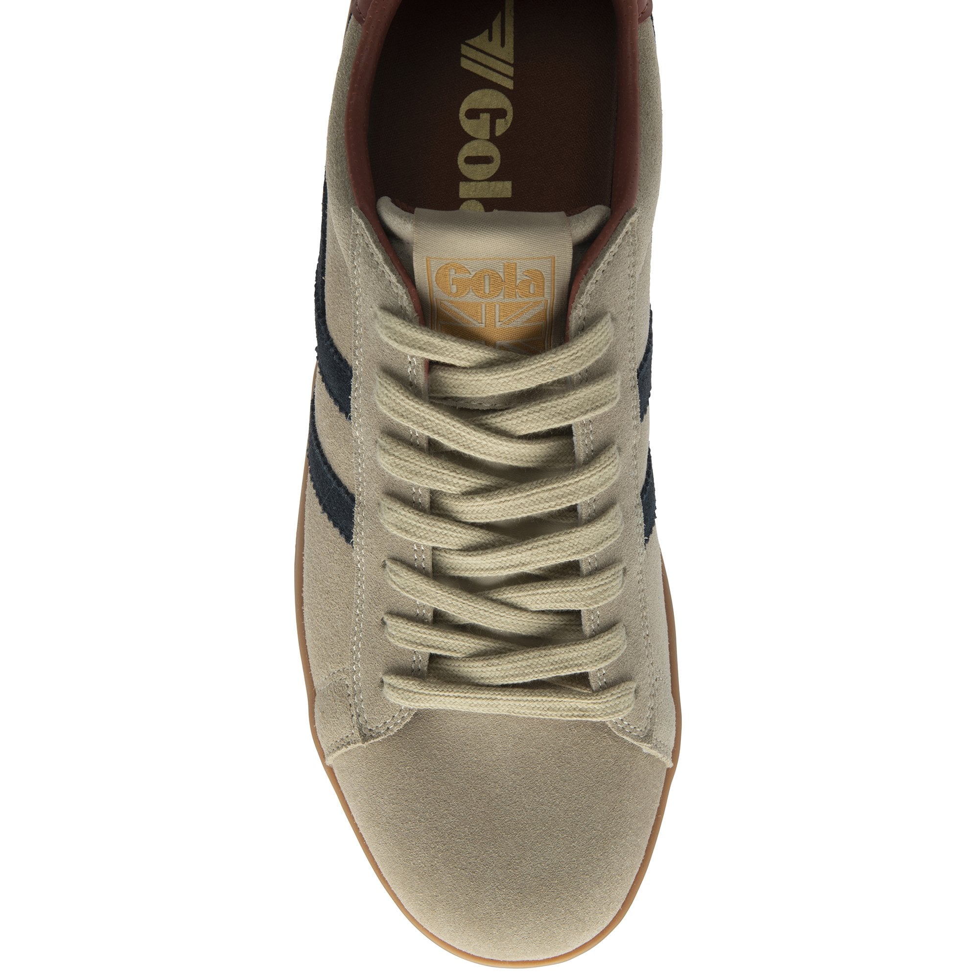 Top-down view of a Gola men's trainer in sun/dark green with a brown gum sole.