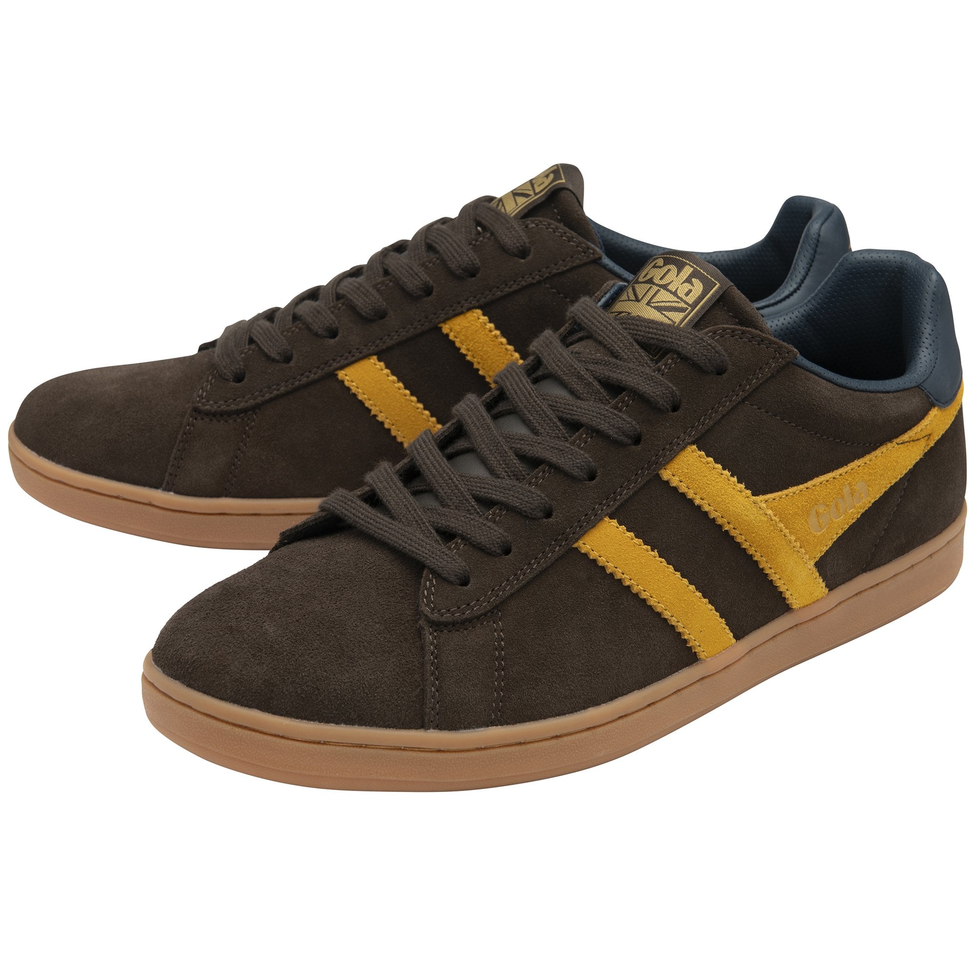 Pair of Gola men's Trainers in dark brown, with a yellow stripe and a gum sole.