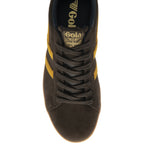 Top down profile of a Gola men's Trainer in dark brown, with a yellow stripe and a gum sole.