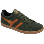A left dark green Gola trainer with brown stripes and sole on a white background.