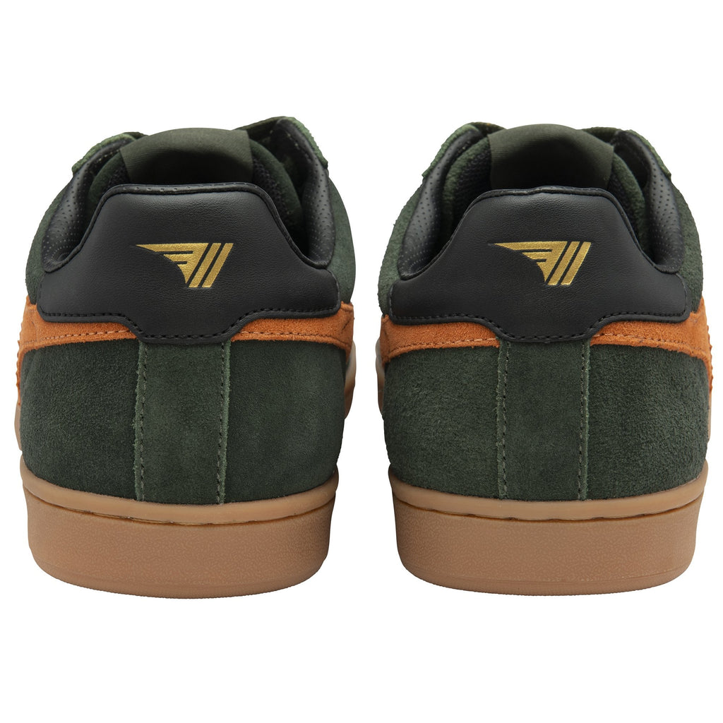 The backs of two dark green Gola trainers with brown details and soles on a white background.