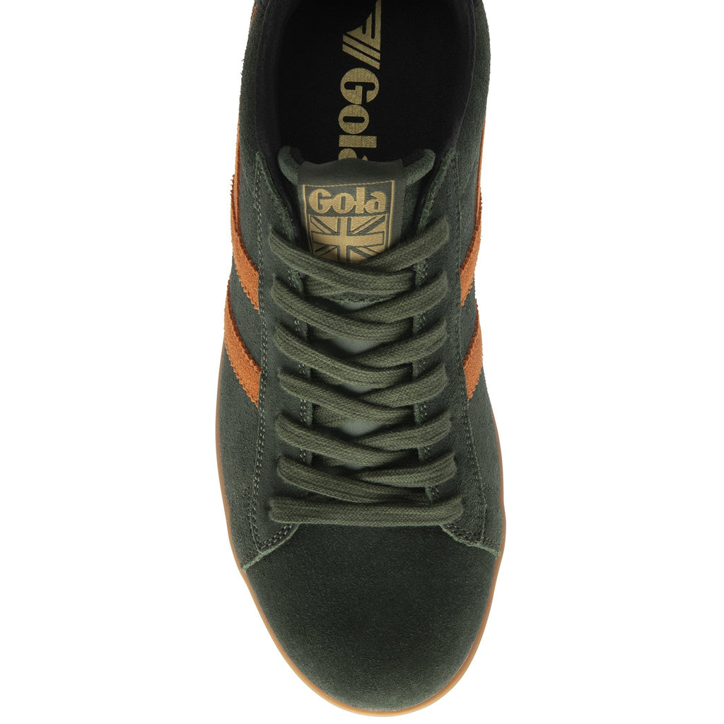 A top-down view of a dark green Gola trainer with brown stripes and sole on a white background.