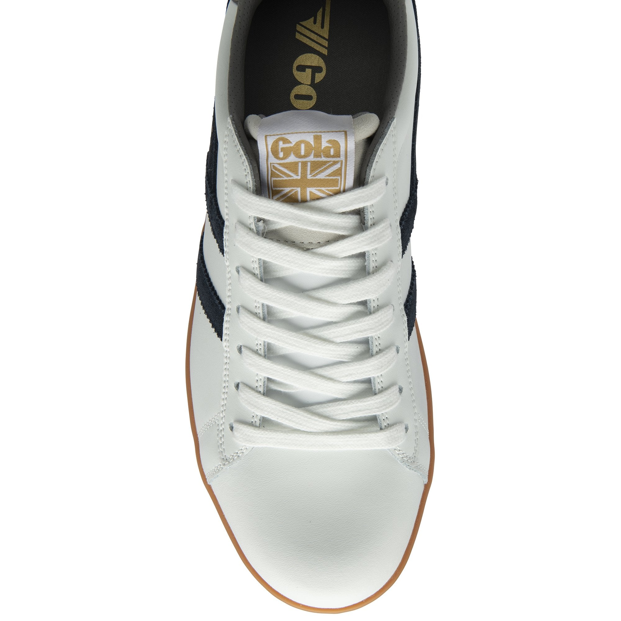 The top-down view of a white and navy sneaker with a gum sole.