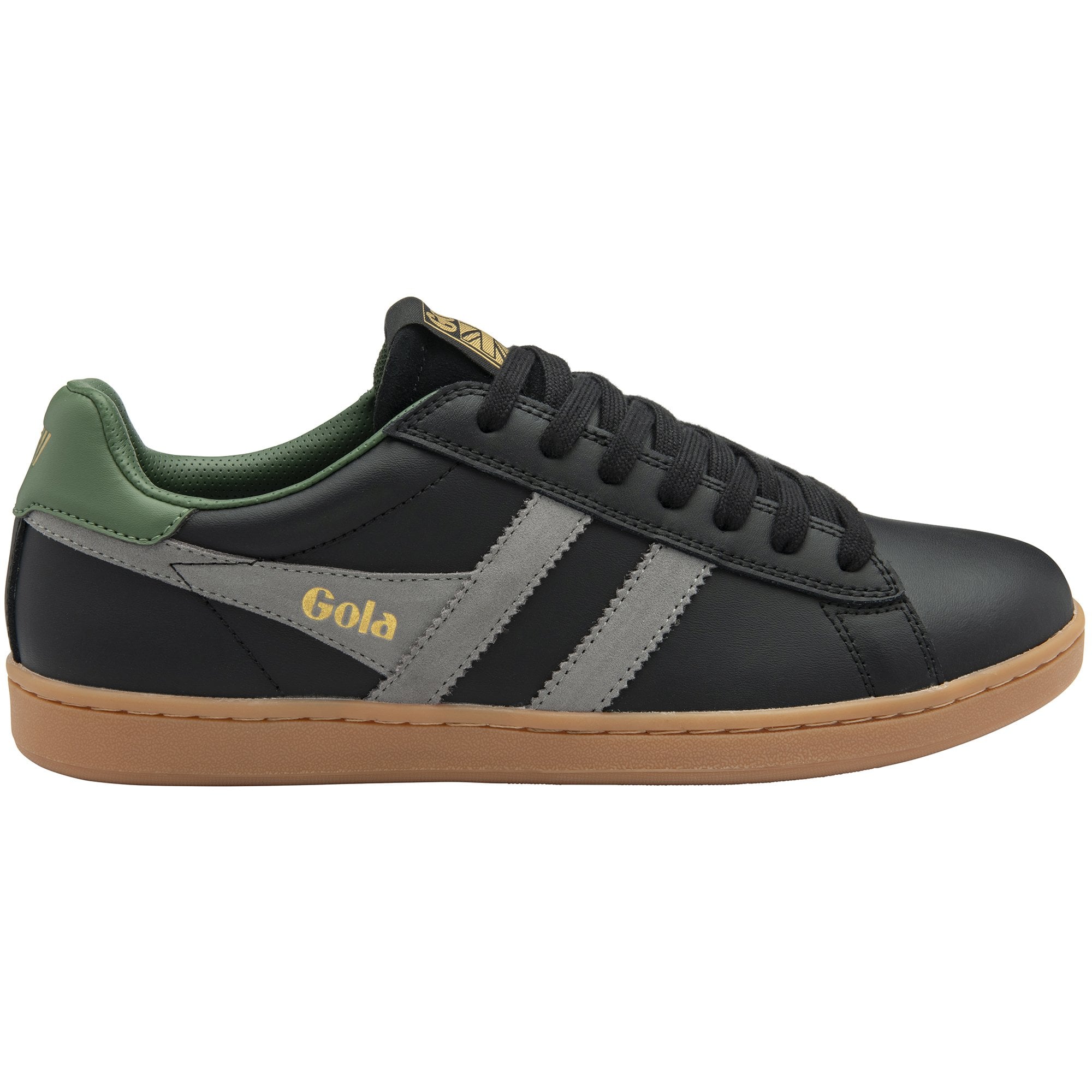 A single black Gola sneaker with green accents, grey stripes, and a gum sole, side view.