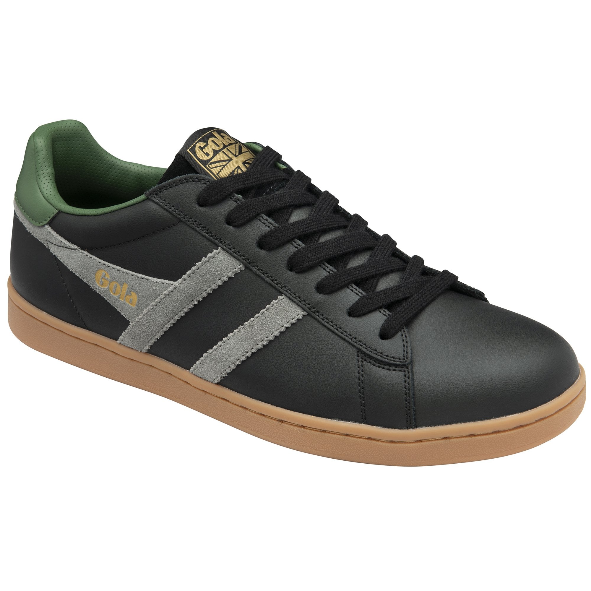 A single black Gola sneaker with green accents, grey stripes, and a gum sole, angled view.