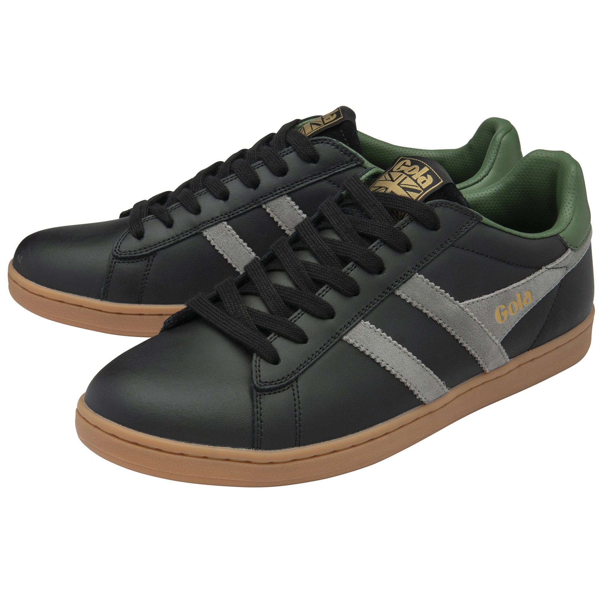 A pair of black Gola sneakers with green accents, grey stripes, and gum soles, angled view.