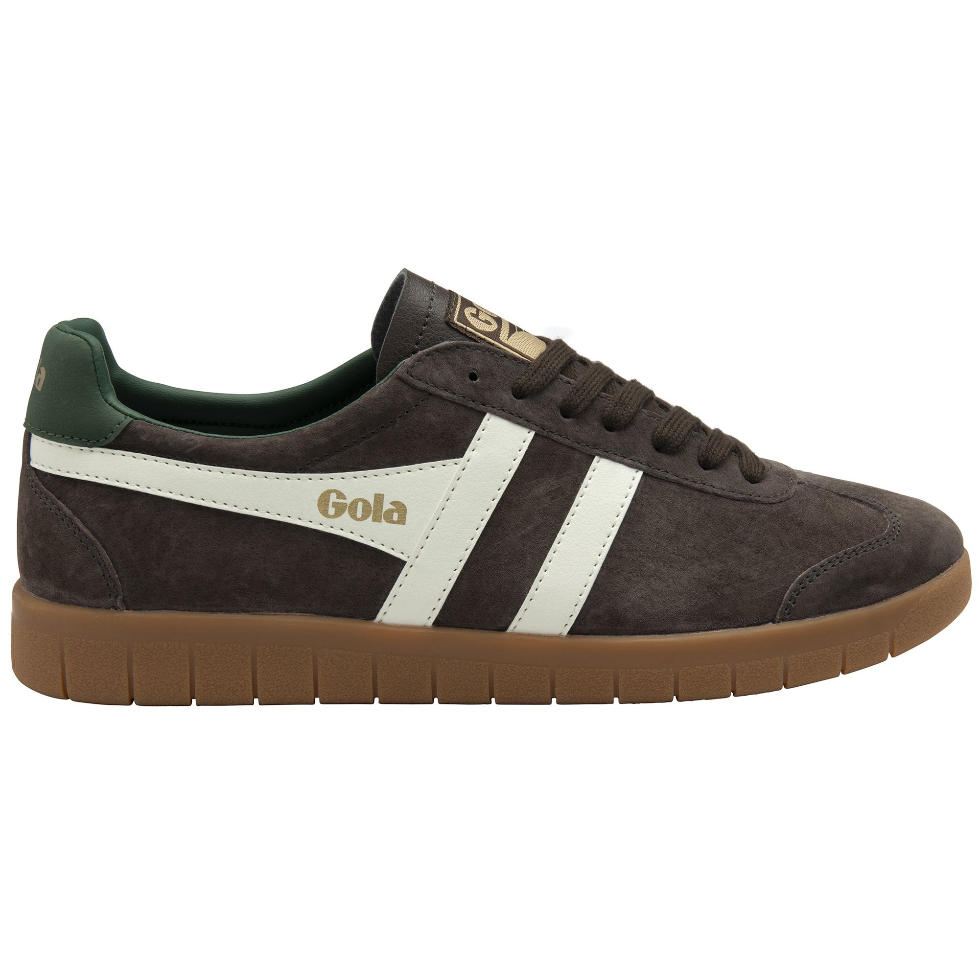 Brown suede sneaker with white stripes, a green heel tab, and a gum sole, shown from the side.