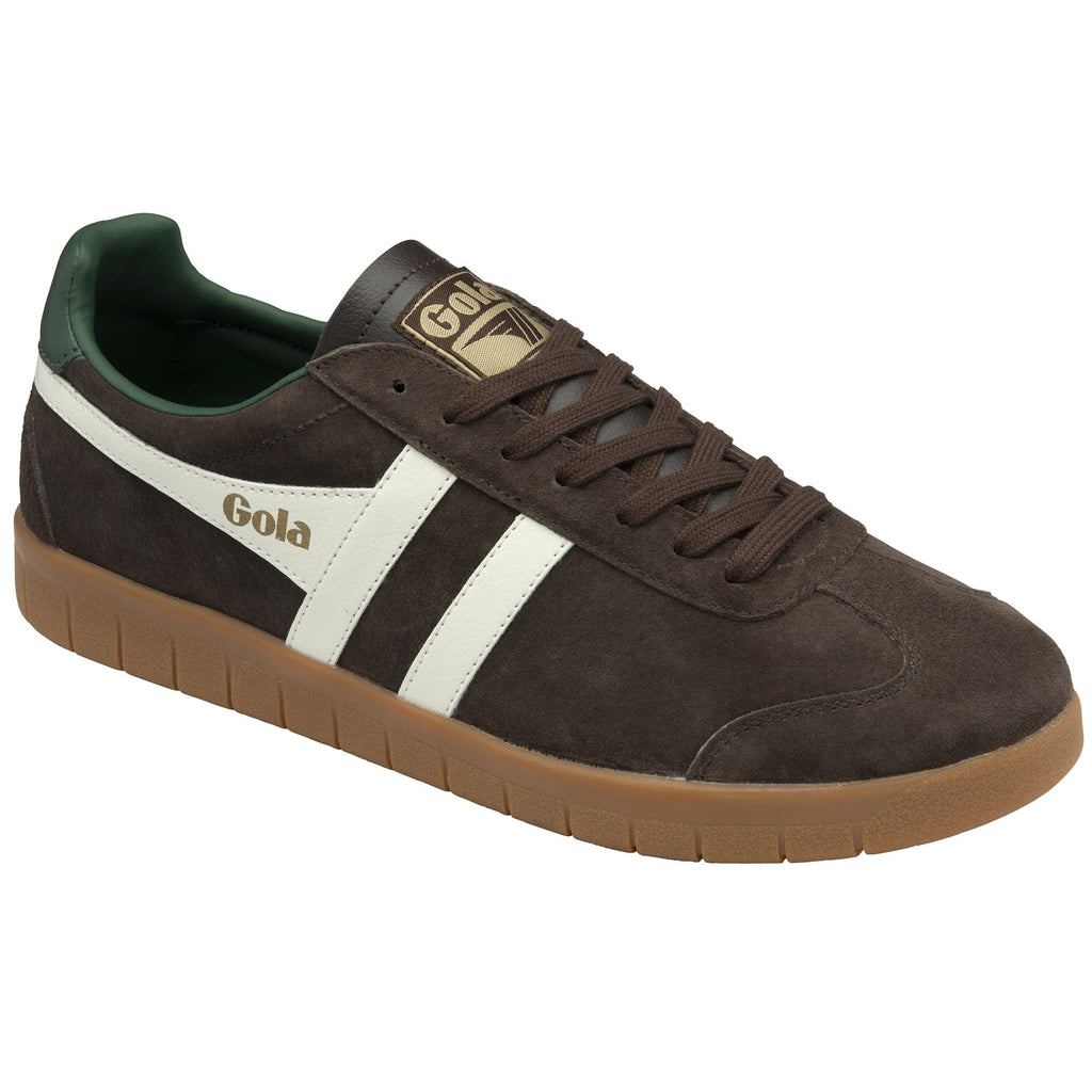 Brown suede sneaker with white stripes, a green heel tab, and a gum sole, angled slightly.