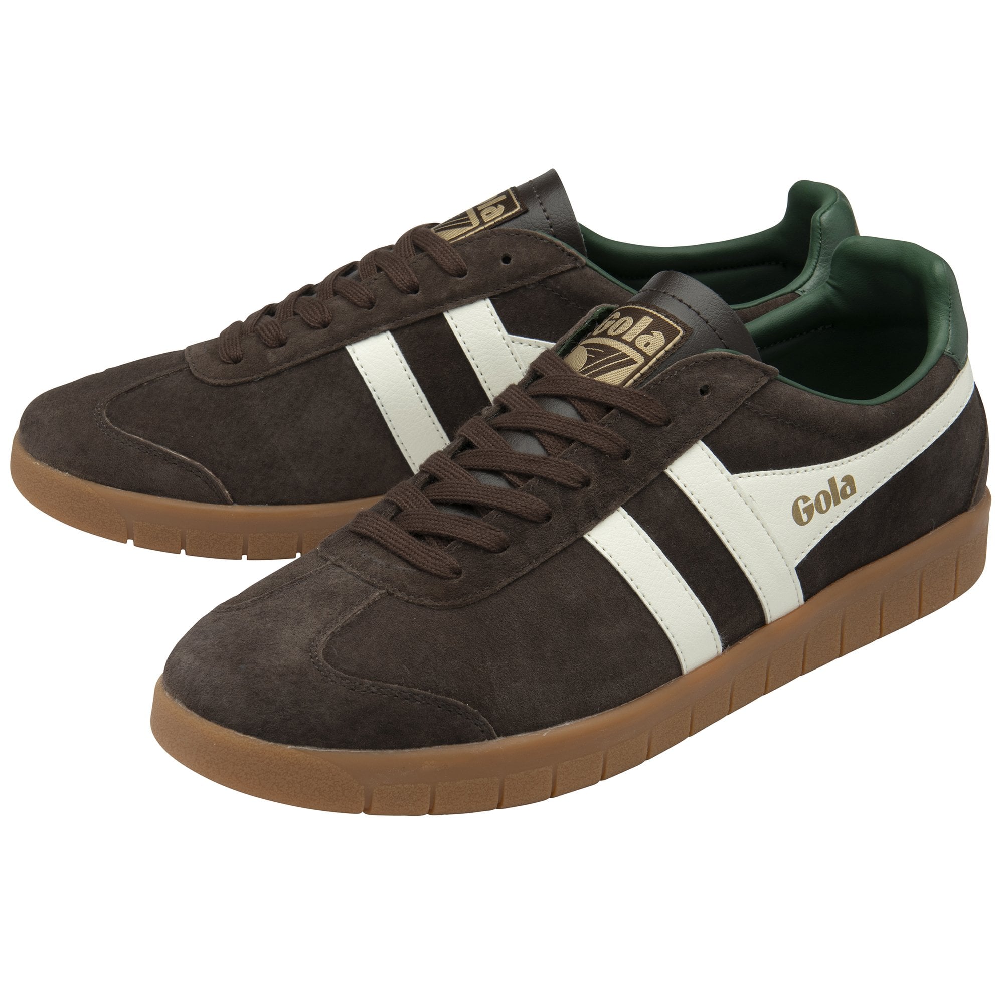 Pair of brown suede sneakers with white stripes, green heel tabs, and gum soles.