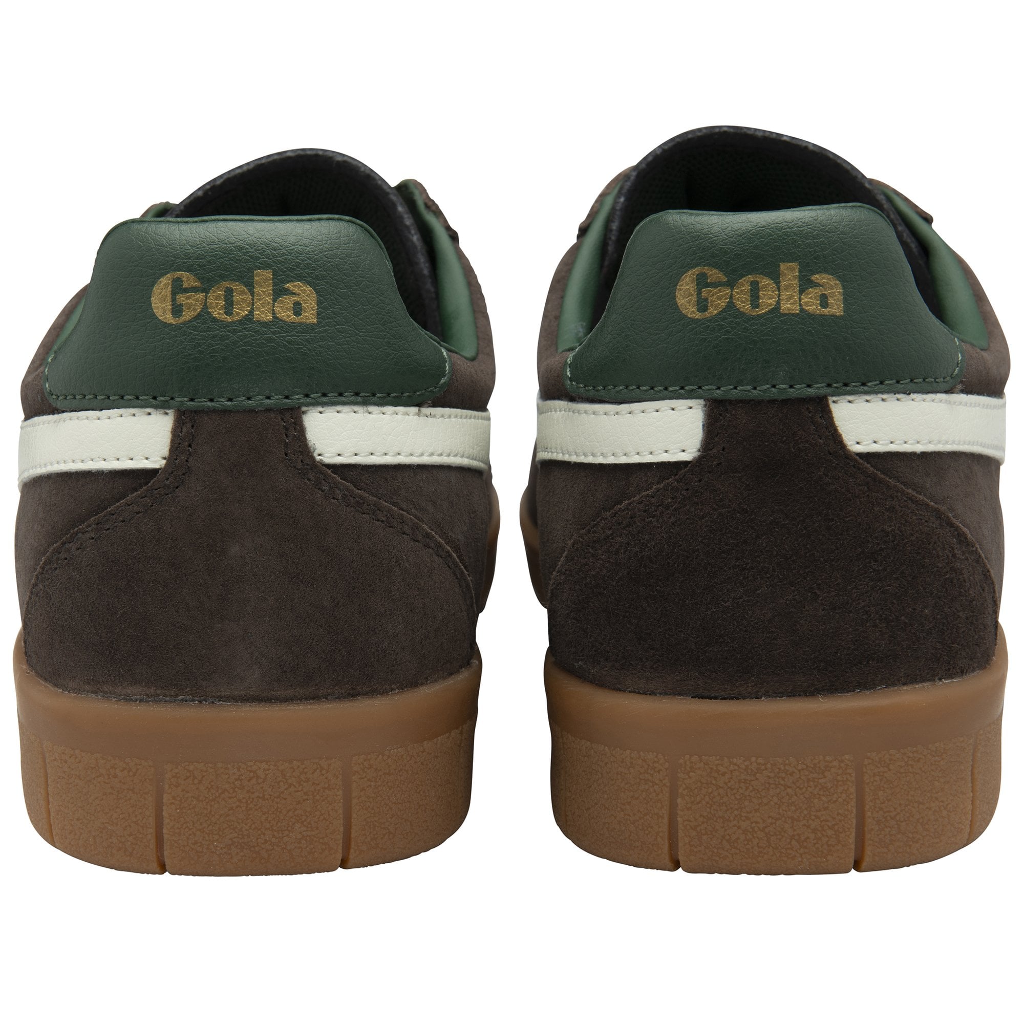 Back view of two brown suede sneakers with green heel tabs and Gola branding.