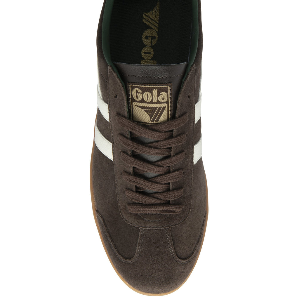 Top-down view of a brown suede Gola sneaker with white stripes and brown laces.