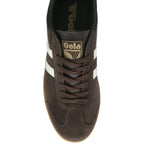 Top-down view of a brown suede Gola sneaker with white stripes and brown laces.