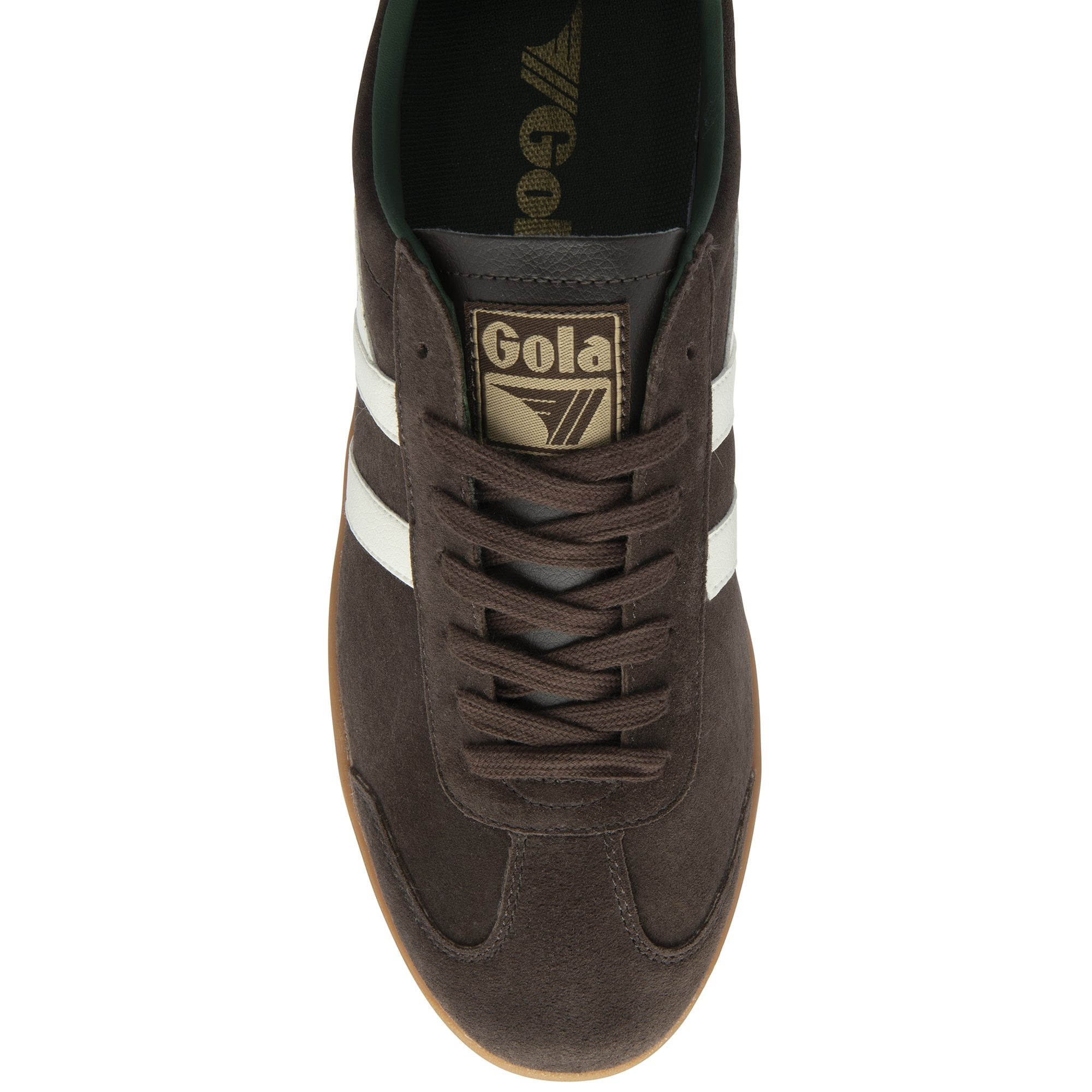Top-down view of a brown suede Gola sneaker with white stripes and brown laces.