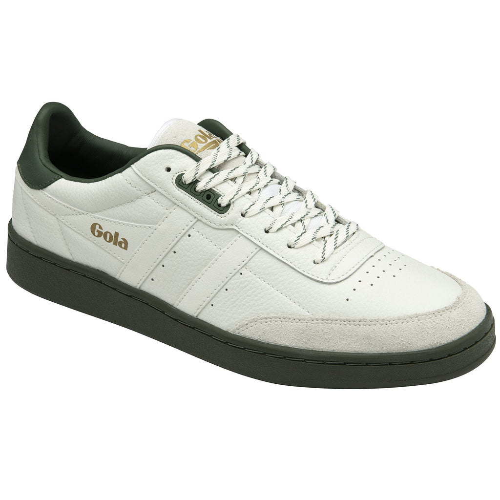 A white Gola men's sneaker with green heel and sole and white laces.