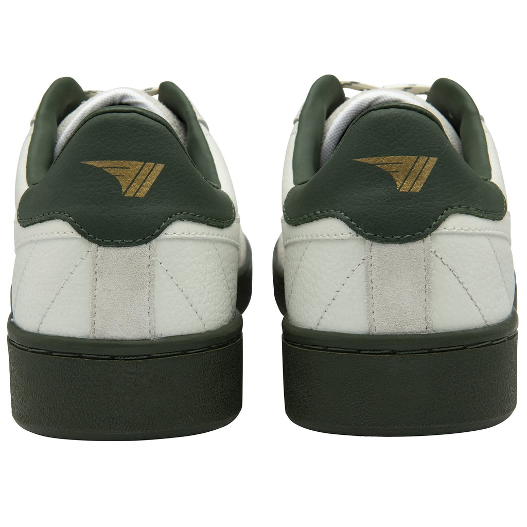 Rear view of two white Gola men's sneakers with green heels and soles.