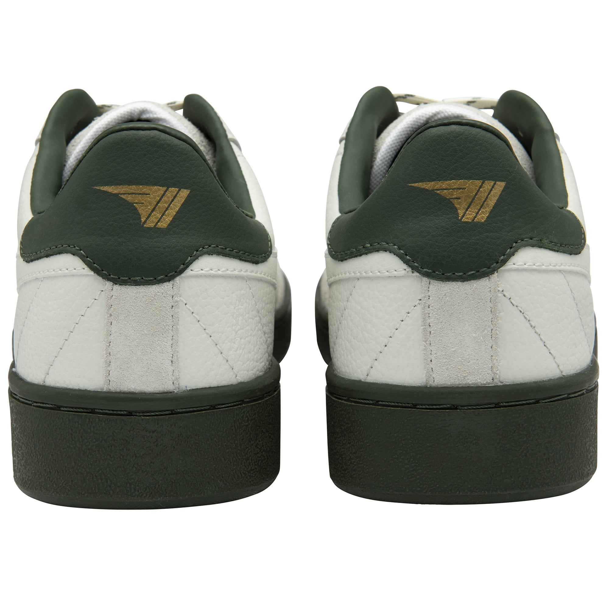Rear view of two white Gola men's sneakers with green heels and soles.