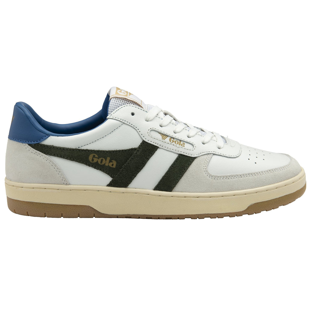 A single white Gola sneaker with green stripes and a blue heel accent.