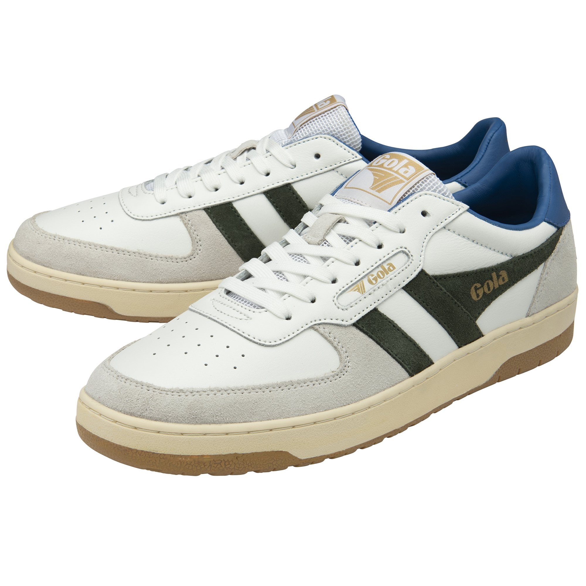 A pair of white Gola sneakers with green stripes and blue heel details.