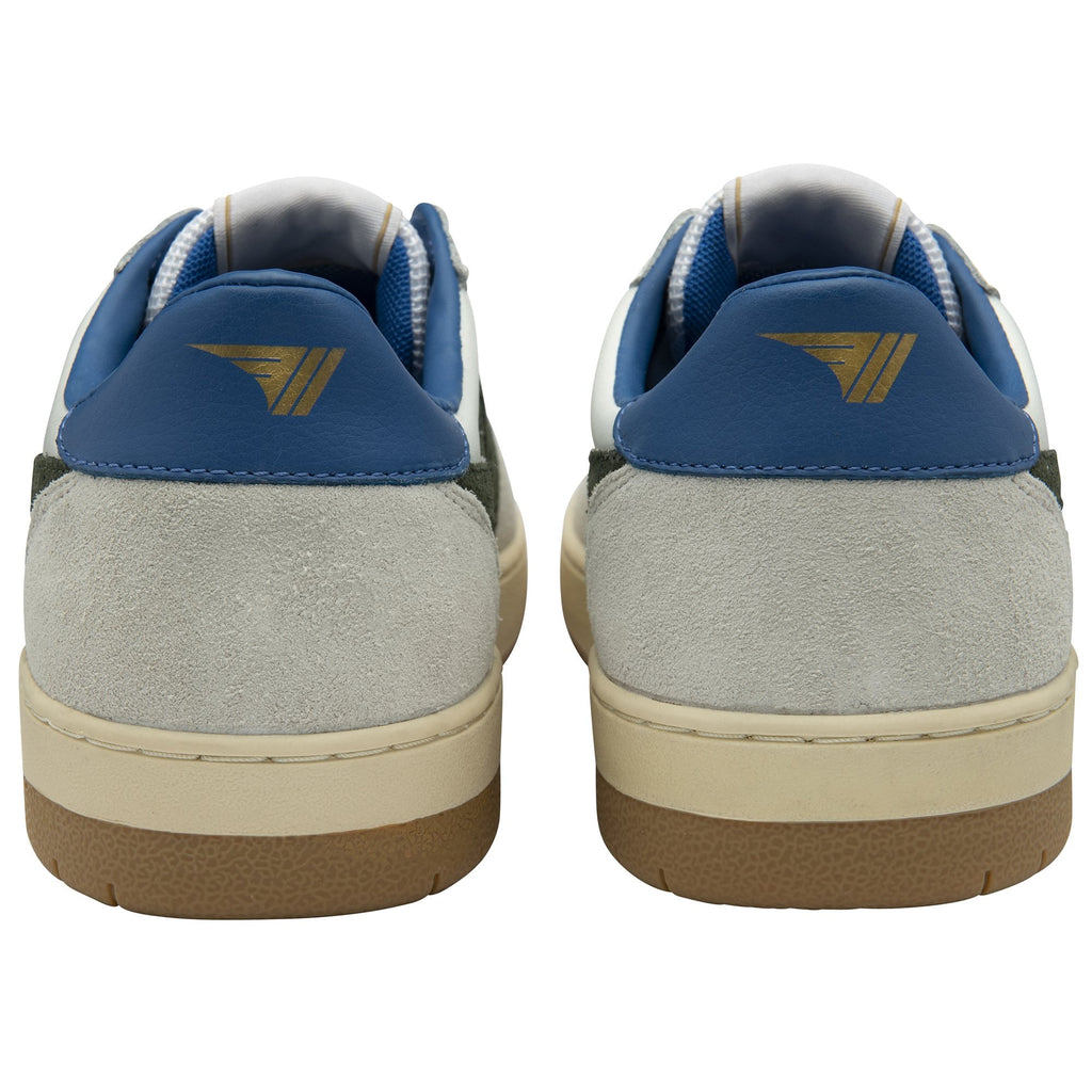 The back view of two Gola sneakers with blue heels and gold logos.