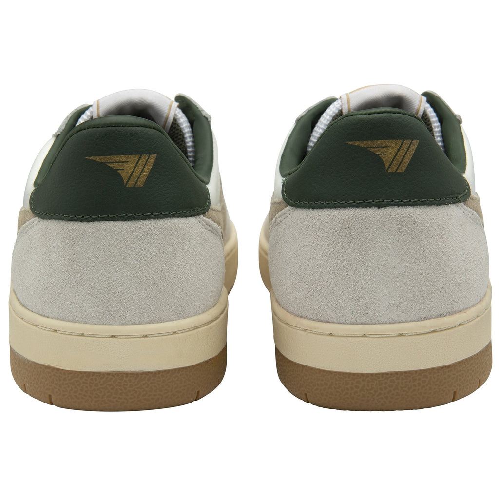 A pair of white sneakers with green and gold heel accents, viewed from the back.