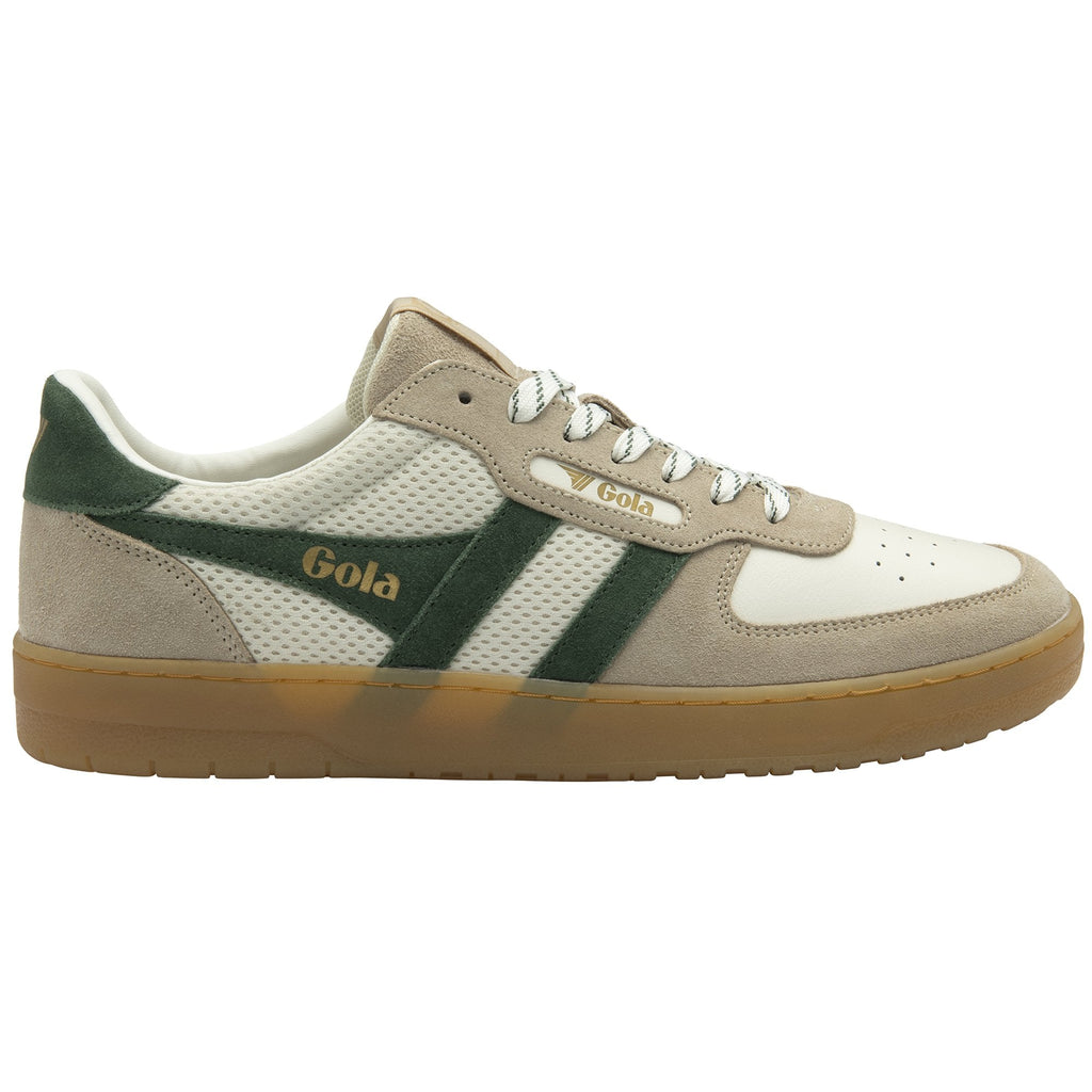 Single Gola men's shoe with white and beige upper, green stripes, and brown sole.