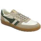 Single Gola men's shoe with white and beige upper, green stripes, and brown sole.