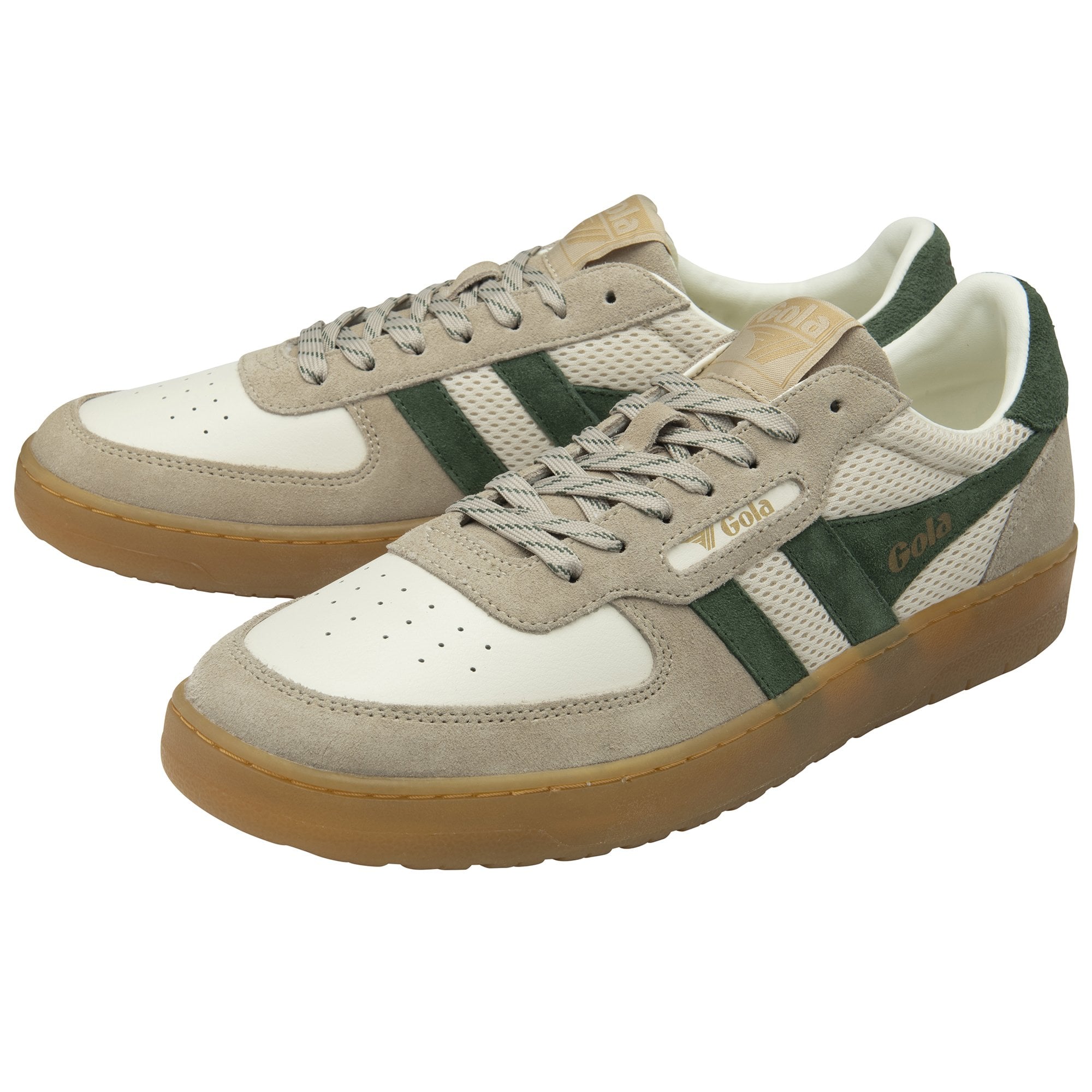 Pair of Gola men's shoes with white, beige, and green design with brown soles.
