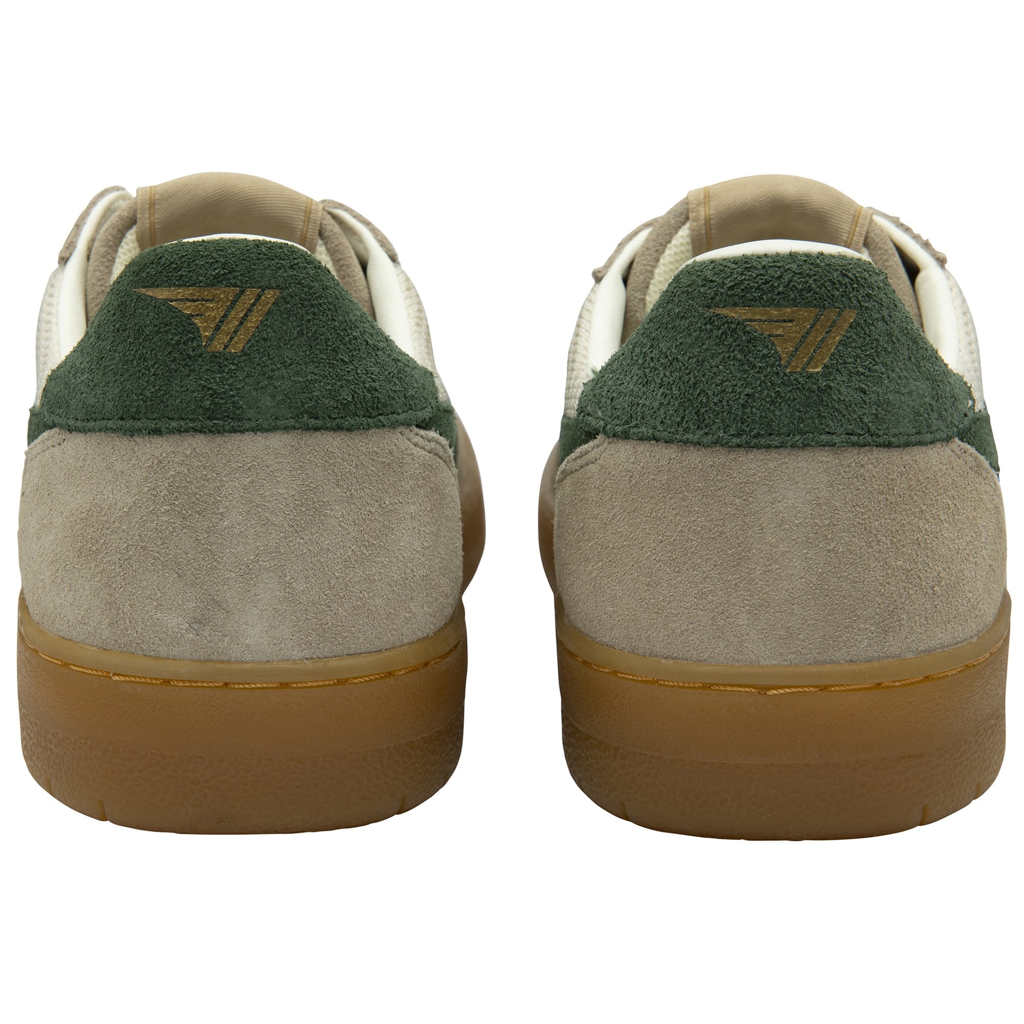 Back view of a pair of Gola men's shoes, showing green heels and brown soles.